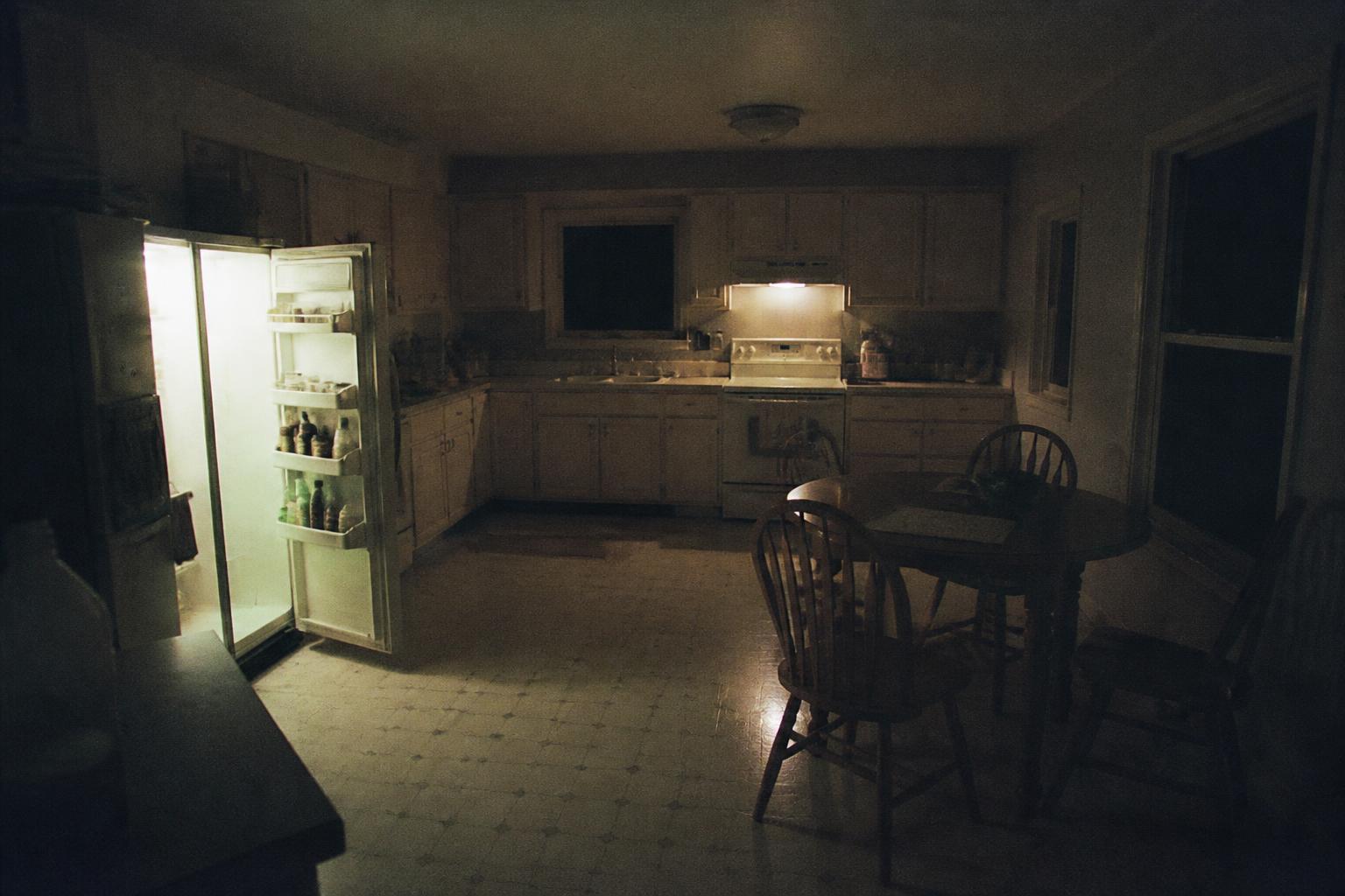 THE KITCHEN AT NIGHT — Only the small light is on.